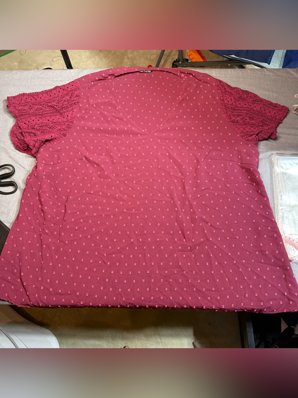 BloomChic Burgundy V-Neck Dot Texture Top with Crochet Sleeves